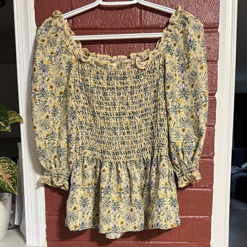 Max Studio Floral Smocked Square Neck Blouse in Yellow and Blue